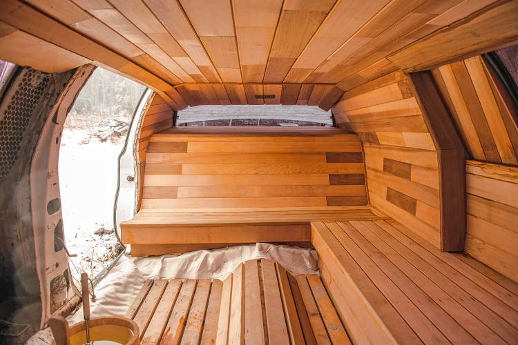 Using leftovers from sauna construction work, Luke Moran of New Ipswich converted the interior of a limousine into a red cedar sauna.
