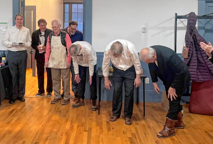 The kitchen crew takes a bow. From left are Brooks Place, Greg Neilley, Steve Griffin, Ari Levine (rear), Stewart Brock, J.P. Stohrer and Bob Bitterli. 