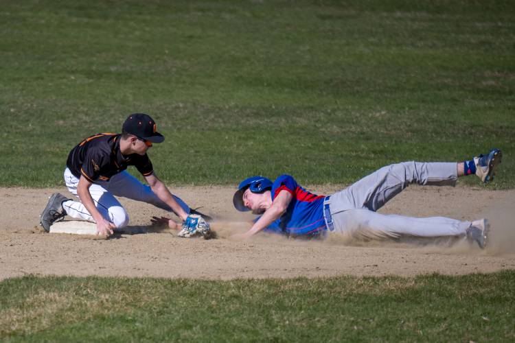 Conant second baseman Drey Seppala comes up with the tag on Mascenic's Payton Vaillancourt after Tristan Herr threw him out from center. 