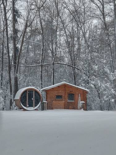 A snowy sauna in New Ipswich.
