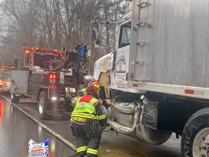 A fuel tank on a dump truck was punctured after a collision with a sedan on Route 202 in Jaffrey on Wednesday afternoon.