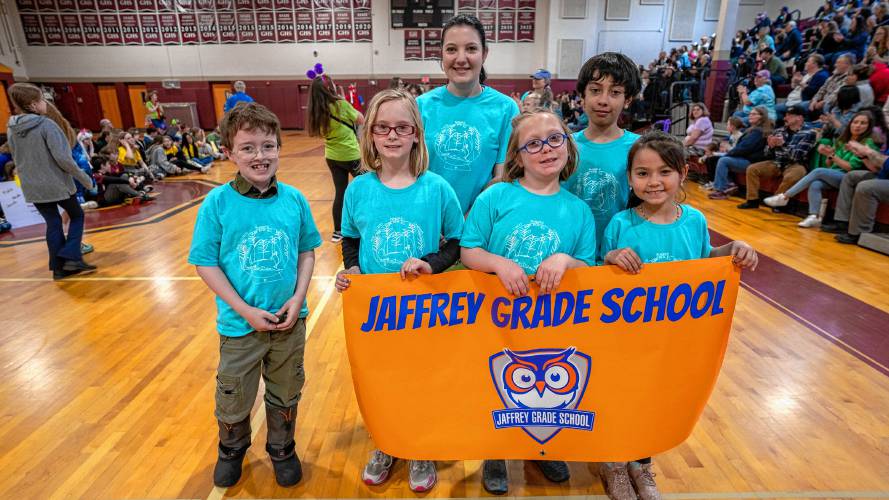 Jaffrey Grade School team The Lucky Pancake Chambions attends the opening ceremony of Destination Imagination state affiliate finals on Saturday in Bedford.