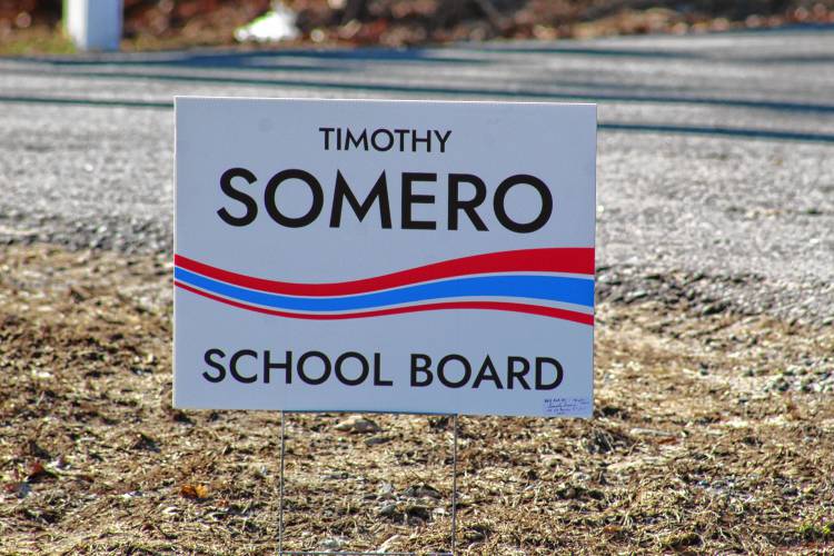 A sign advocating for Tim Somero for School Board sits on the side of Turnpike Road. Somero won his race.