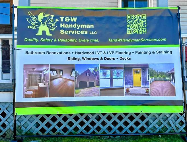 A sign announcing T&W Handyman Services’ new location on Stratton Road in Jaffrey.