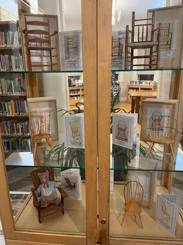 Miniature chairs created by David Bridgewater displayed at Stephenson Memorial Library in 2019. 