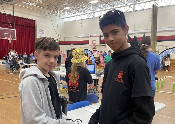 The “Mavericks,” Bodhi Allen and Ethan Beasoleil, at the aerial drones competion co-sponsored by Great Brook and the Kearsarge School District. 