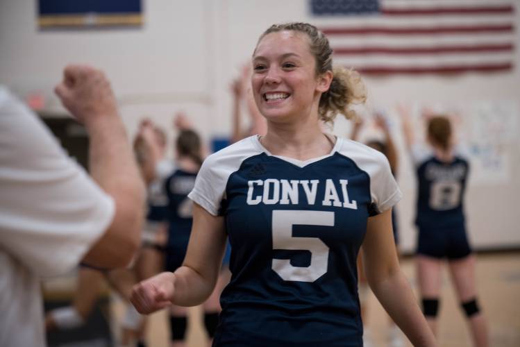 ConVal's Ashlynn Williams readies for the Cougars' volleyball game against visiting Milford on Tuesday, Sept. 12.