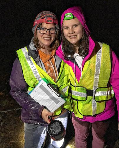  A mother-daughter team ready for a night of salamander crossing was shared with the Harris Center by crossing brigade volunteer Amy Unger from New Boston.