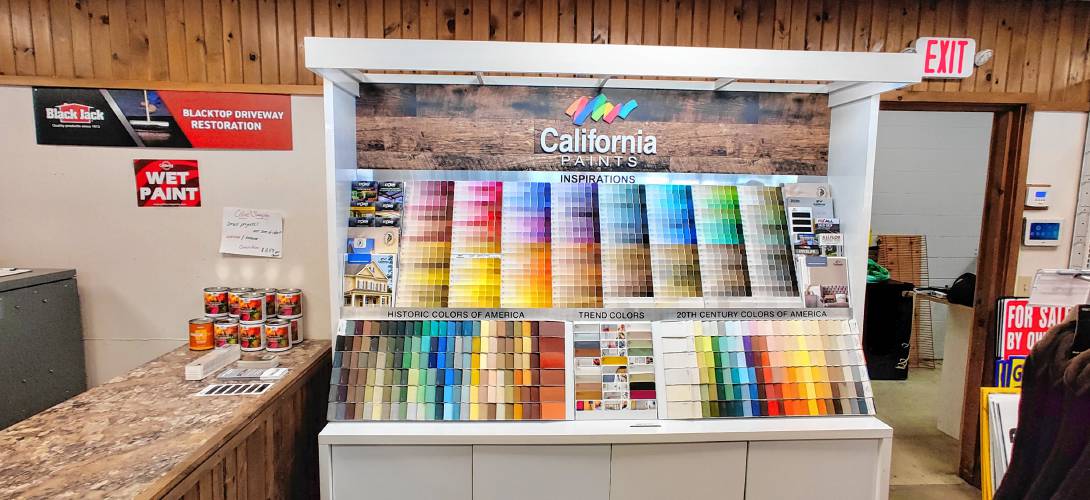 The colors offered by California Paints at Happy Hardware.