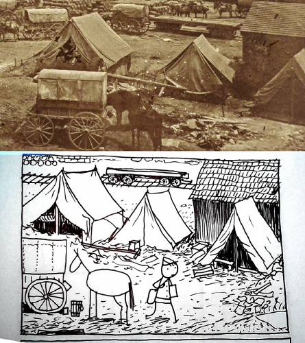 An actual Civil War photograph, above, and a page of “The Civil War Diary of Freeman Colby,” as depicted by Marek Bennett. 
