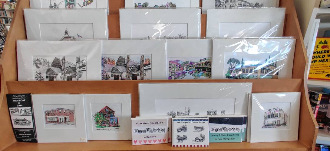Deb Caplan’s LineScape NH prints for sale at the Toadstool Bookshop in Peterborough.