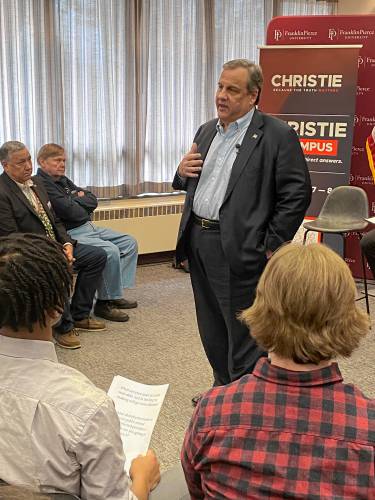 Former New Jersey Gov. Chris Christie, a Republican candidate for president, speaks at Franklin Pierce University.