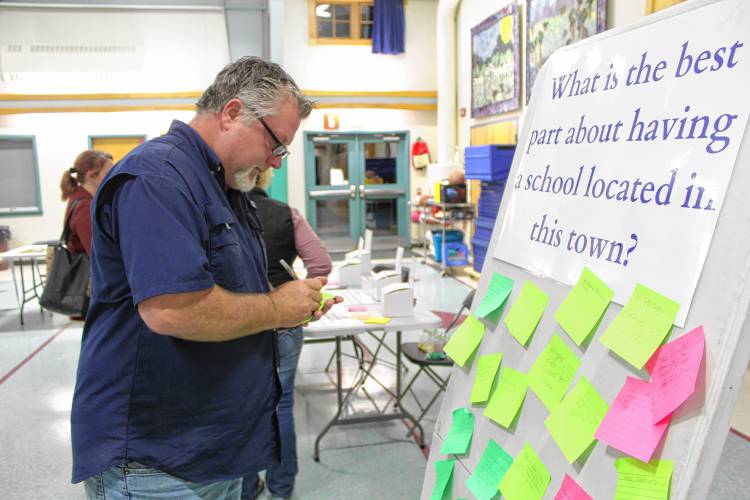 Bruce Kullgren of Temple writes an answer to the question “What is the best part about having a school located in this town?” during a forum in Temple on school reconfiguration.