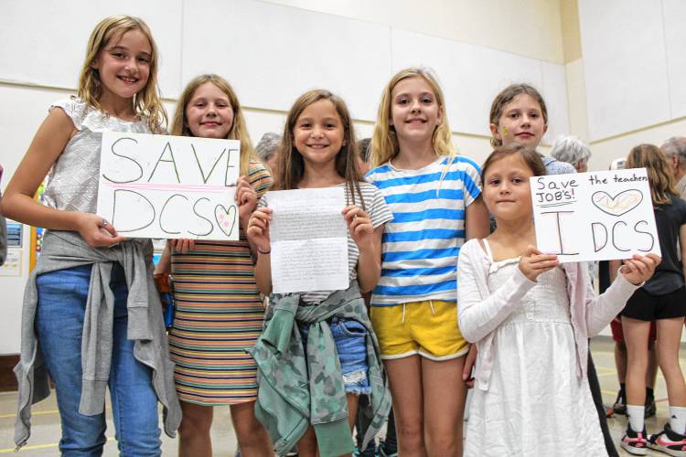  Dublin middle and elementary school students Emma Garnham, Mila Boutelle, Isla Higley, Annika Jackson, Cora Higley and Lily Marcum advocate for keeping Dublin Consolidated School open during a reconfiguration forum.