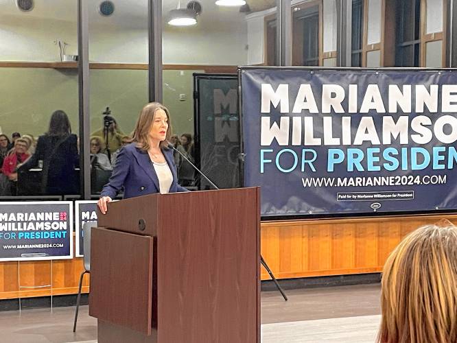 Democratic candidate Marianne Williamson speaks at Peterborough Town Library Sunday night.