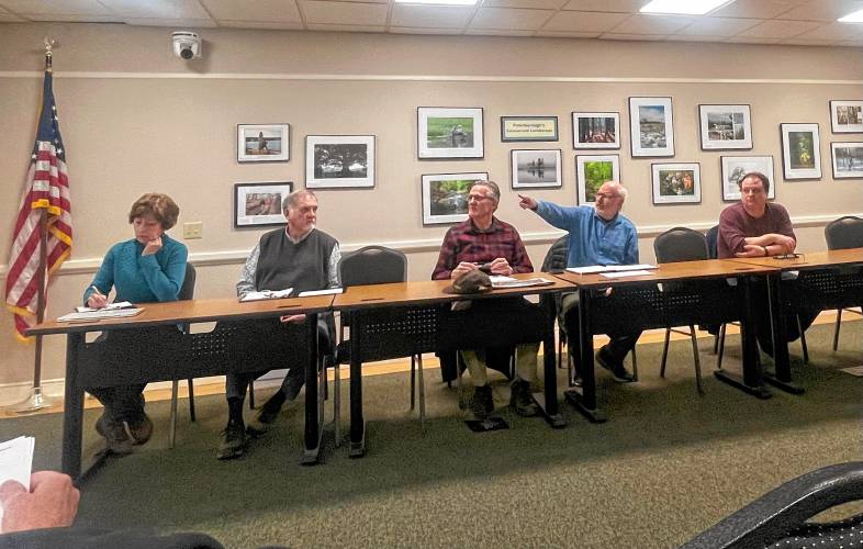 Peterborough Budget Committee members, from left, Mary Clark, Richard Reynells, Carl Mabbs-Zeno, Chair Rick Lesser and Andrew Ostermann during Tuesday night’s meeting.