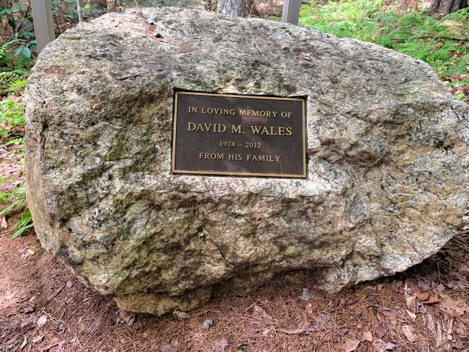 A memorial to David Wales at the head of the Wales Preserve trail.