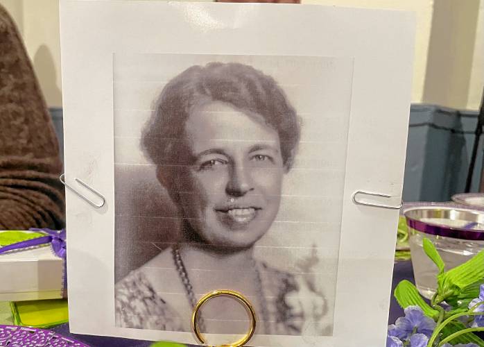 Each table had a centerpiece of a “trailblazing woman,” including Eleanor Roosevelt. 