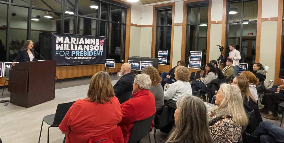 Democratic candidate Marianne Williamson addresses the crowd at the Peterborough Town Library. 
