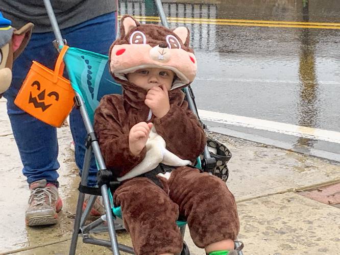 Lincoln Biron, 2, of Milford, dressed as a chipmunk, takes a ride in the costume parade.