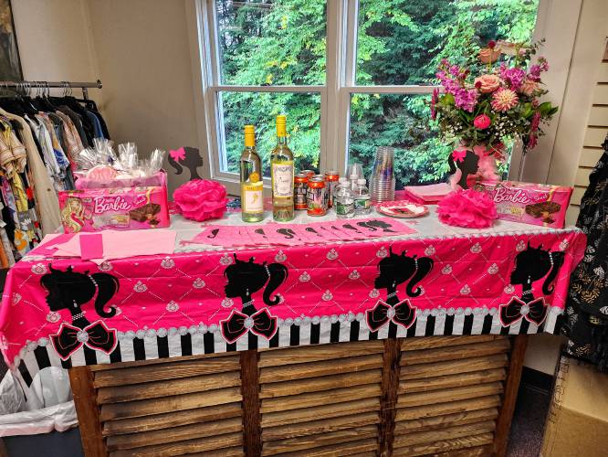 The “Barbie”-themed drinks table at Anytime Apparel’s 20th anniversary celebration.