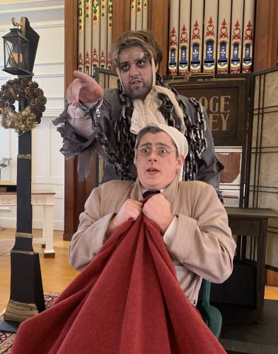 Seamus Malloy as the Ghost of Jacob Marley and Benjamin Michaud as Scrooge in Project Shakespeare’s “A Christmas Carol.”
