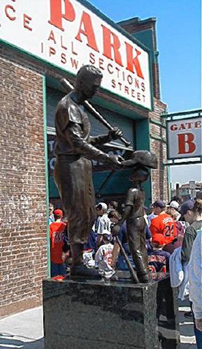 The statue of Ted Williams outside Fenway Park.