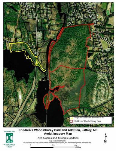 A map shows Children's Woods and Carey Park, as well as areas of shoreline the Town of Jaffrey is seeking to put under a conservation easement.