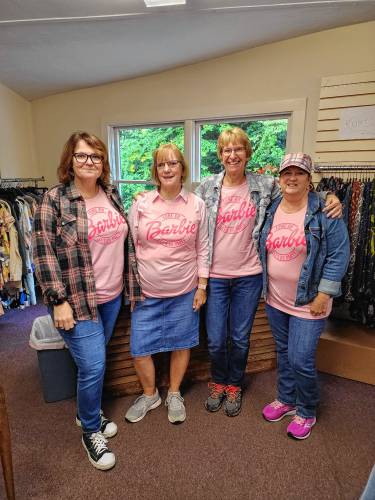 Tammy Charest, Patricia Echavarria, Melissa Carson and Deb Donohue in their “Barbie” shirts. 