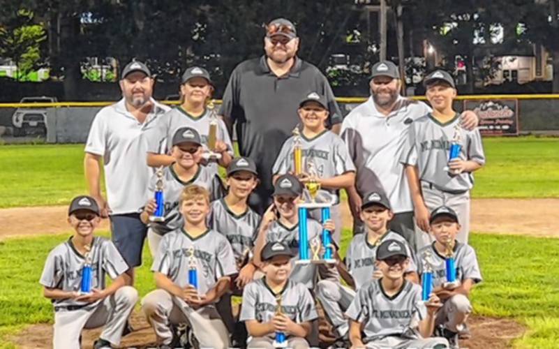 The Mt. Monadnock Little League 12U team that won the Michael Briggs wooden bat tournament in Manchester, (front) Caleb Bonzagni, Joey Baez, Jeremiah Juhtjarv, Kayden O’Bara, (middle) Ezra Wooster, Connor Primeau, Logan Temple, Karter Wolfe, Wes Seppala, (back) assistant coach Nate Primeau, Isaiah Luhtjarv, assistant coach Jake Creamer, Mackenzie Hoard, manager Steve Falter and Liam Falter. Chandler Ketola is not pictured.