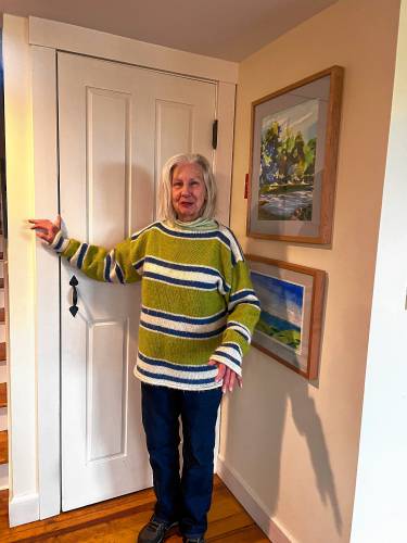 Wool artist Christine Fennell modeling one of her Icleandic wool sweaters. 