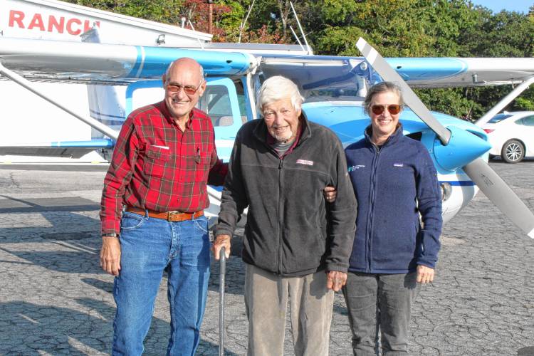 Harvey Sawyer, 99-year-old Bill Coleman and his daughter, Meg Coleman, took a trip around Jaffrey and Rindge in Sawyer's Cessna Skyhawk, in a nod to Bill Coleman's service during World War II in the Army Air Force.