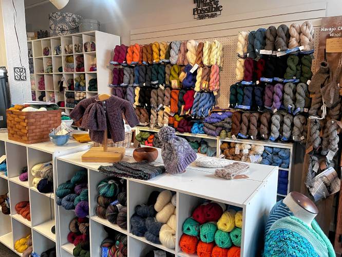 A wall of yarn at the Knitty Gritty Yarn Shop.