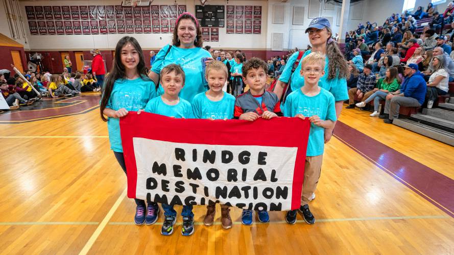 The Rindge Memorial School team, The Five Super Pinball Eagles, participates in the opening ceremony at the Destination Imagination state affiliate finals on Saturday.