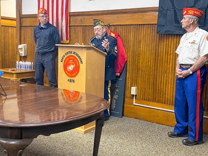 Ken Jones, who grew up with Joseph McClellan in Fitchburg, Mass., speaks during Thursday’s ceremony at the Fitchburg Senior Center.