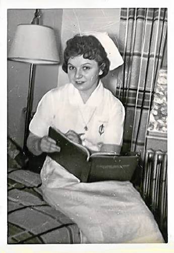 Mary Frances Lawler studying at Carney Hospital Training School for Nurses in the 1950s.