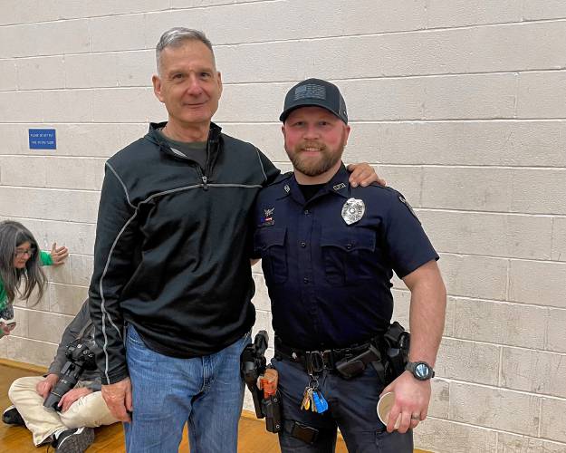 Chief Brian Giammarino  and Michael Eneguess of the Greenfield Police Department were on hand to help out at Saturday’s aerial drones compeition at Great Brook School. 