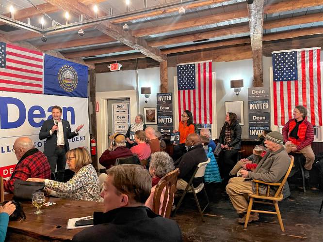 Democratic presidential candidate Dean Phillips speaks  to a full house at Post & Beam Brewing Wednesday night in Peterborough. 