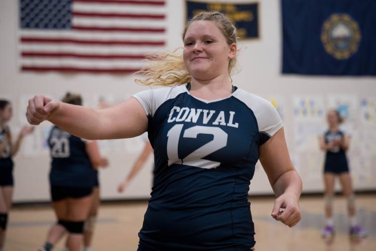 ConVal's Aria Laurent readies for the Cougars' volleyball game against visiting Milford on Tuesday, Sept. 12.